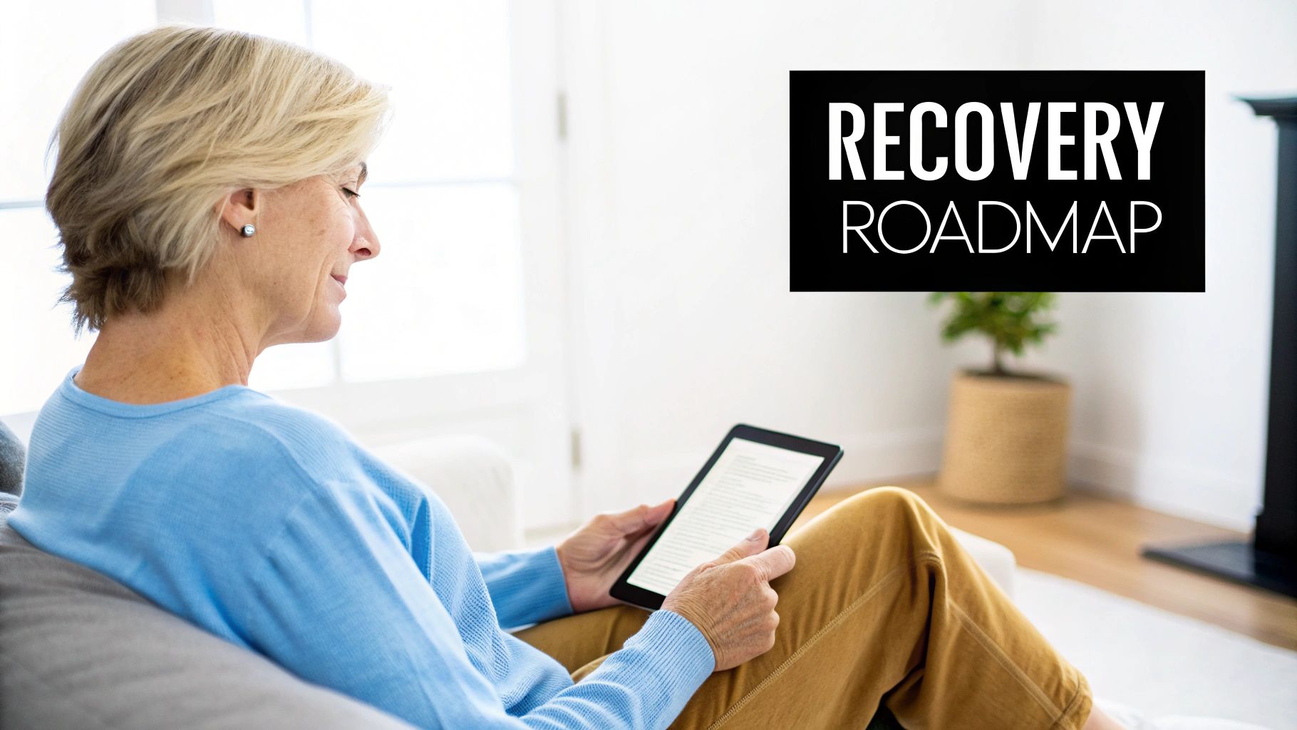 Blonde woman in blue sweater reading a tablet, 'RECOVERY ROADMAP' text visible.