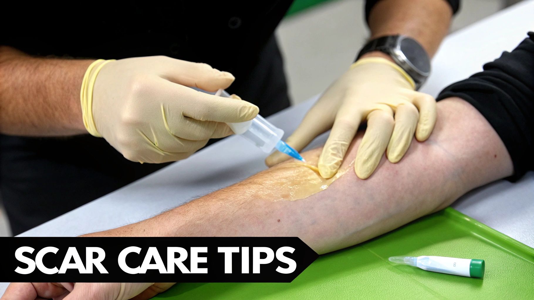 A gloved medical professional applies a yellow liquid to a person's arm with a syringe, labeled 'SCAR CARE TIPS'.