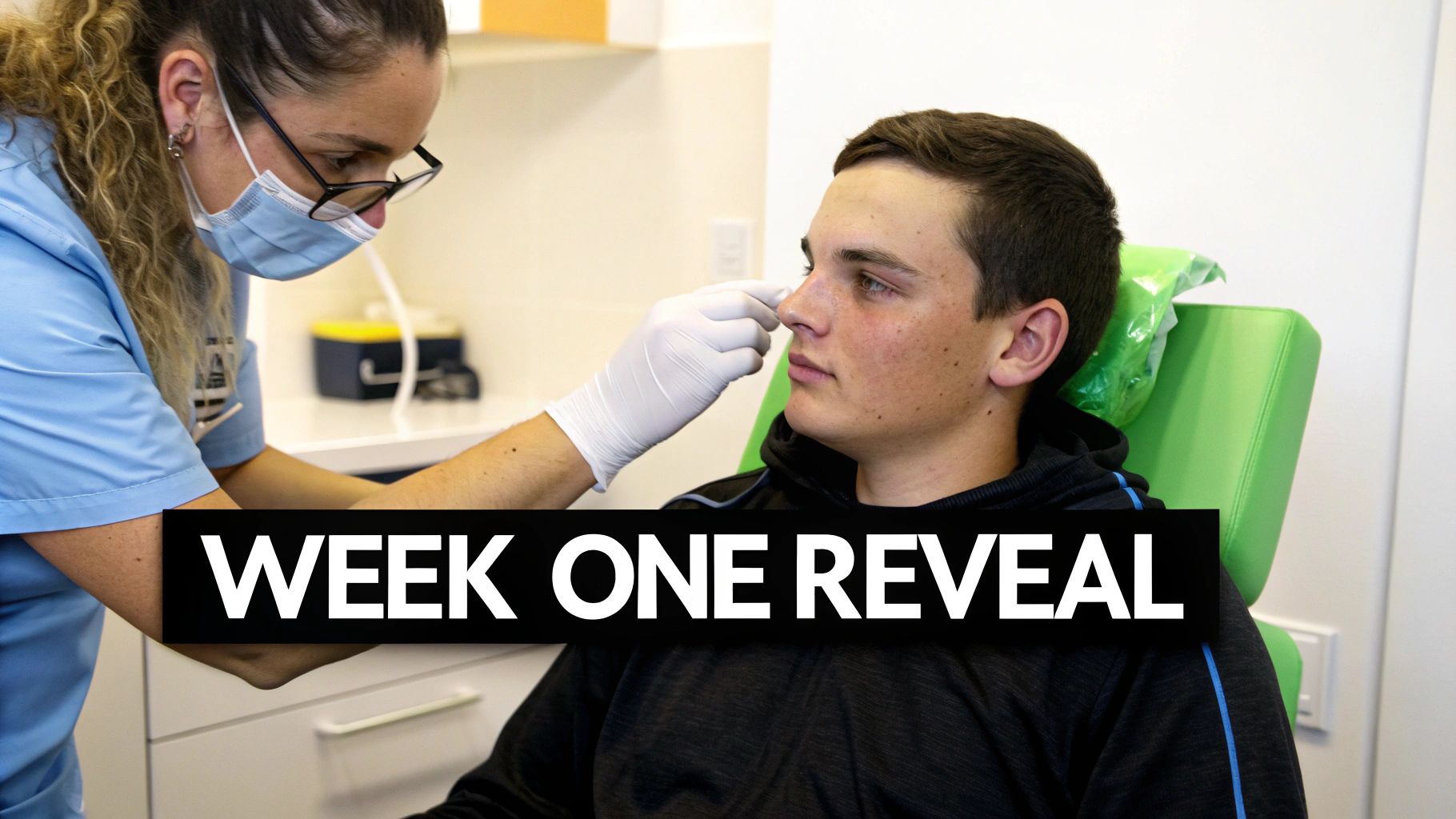 A medical professional in scrubs, mask, and gloves examines a young man's nose, with 'WEEK ONE REVEAL' text overlay.