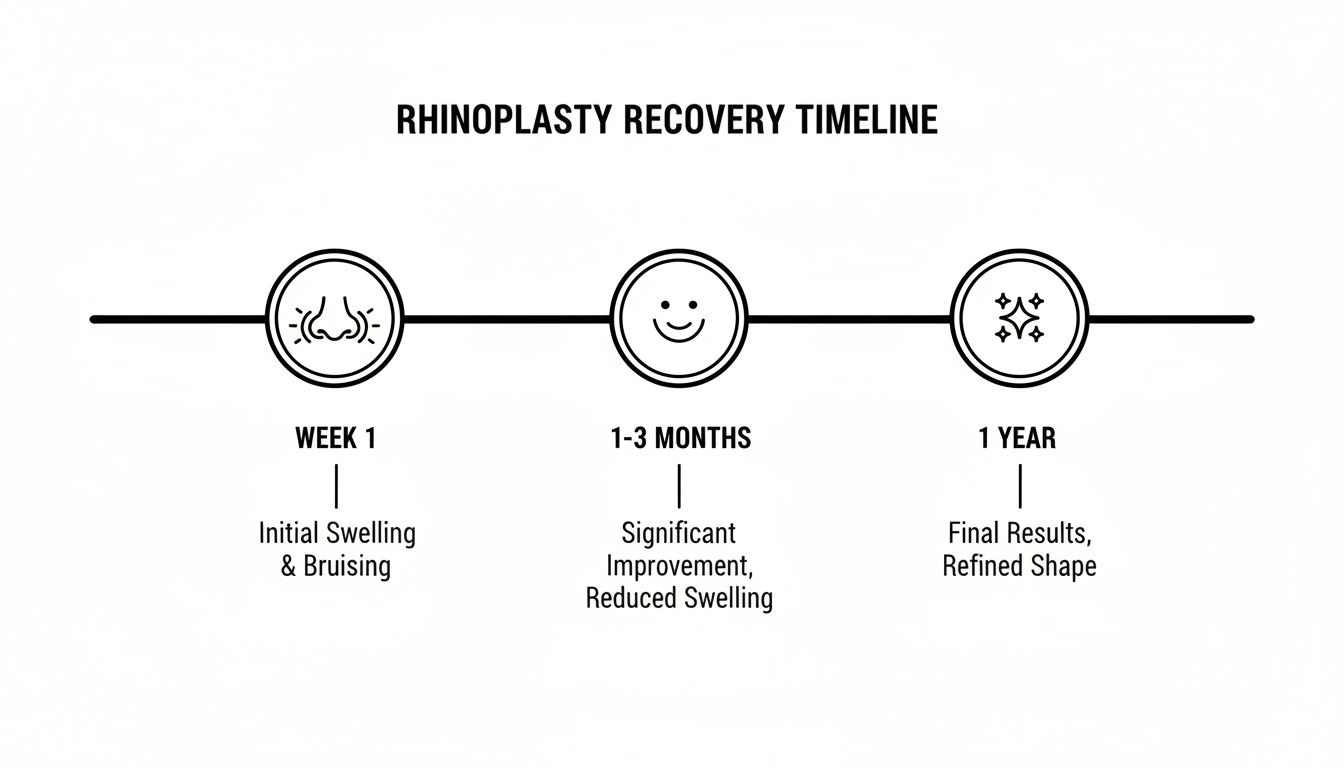 A rhinoplasty recovery timeline showing stages: Week 1 (swelling), 1-3 Months (reduced swelling), and 1 Year (final results).