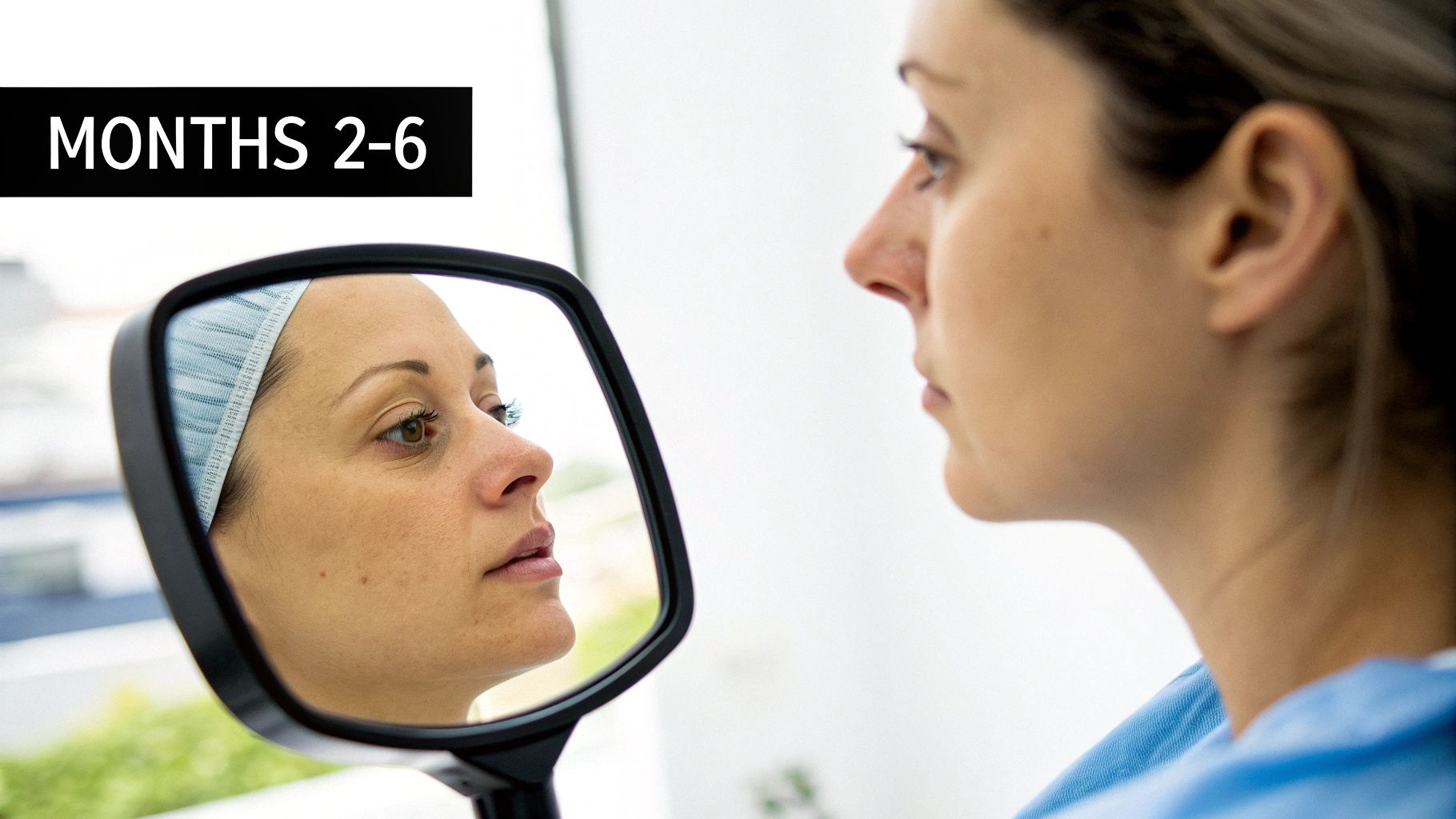 Woman in medical attire examines her nose in a mirror during the 2-6 month recovery period.