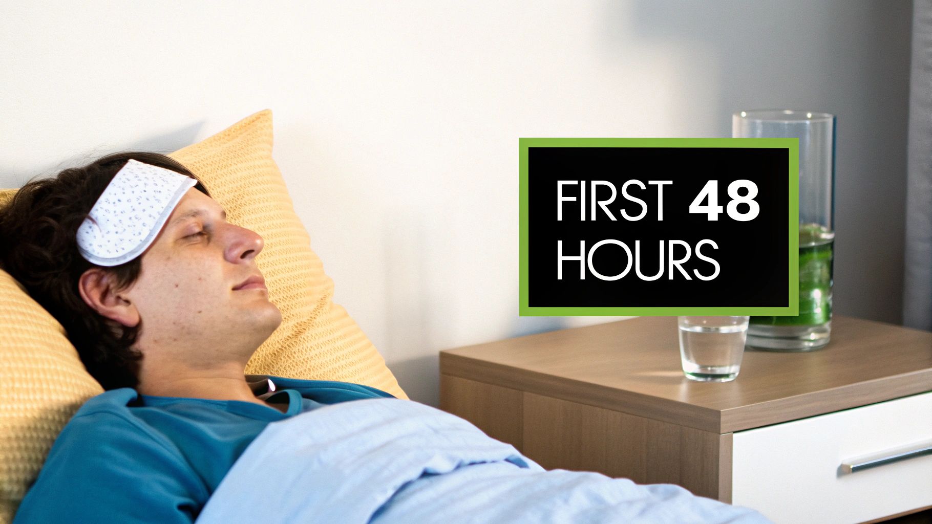 A person resting in bed with a compress on their forehead during the first 48 hours of recovery.