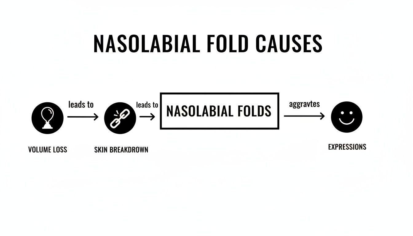 A flowchart illustrating how volume loss and skin breakdown lead to nasolabial folds, aggravated by expressions.