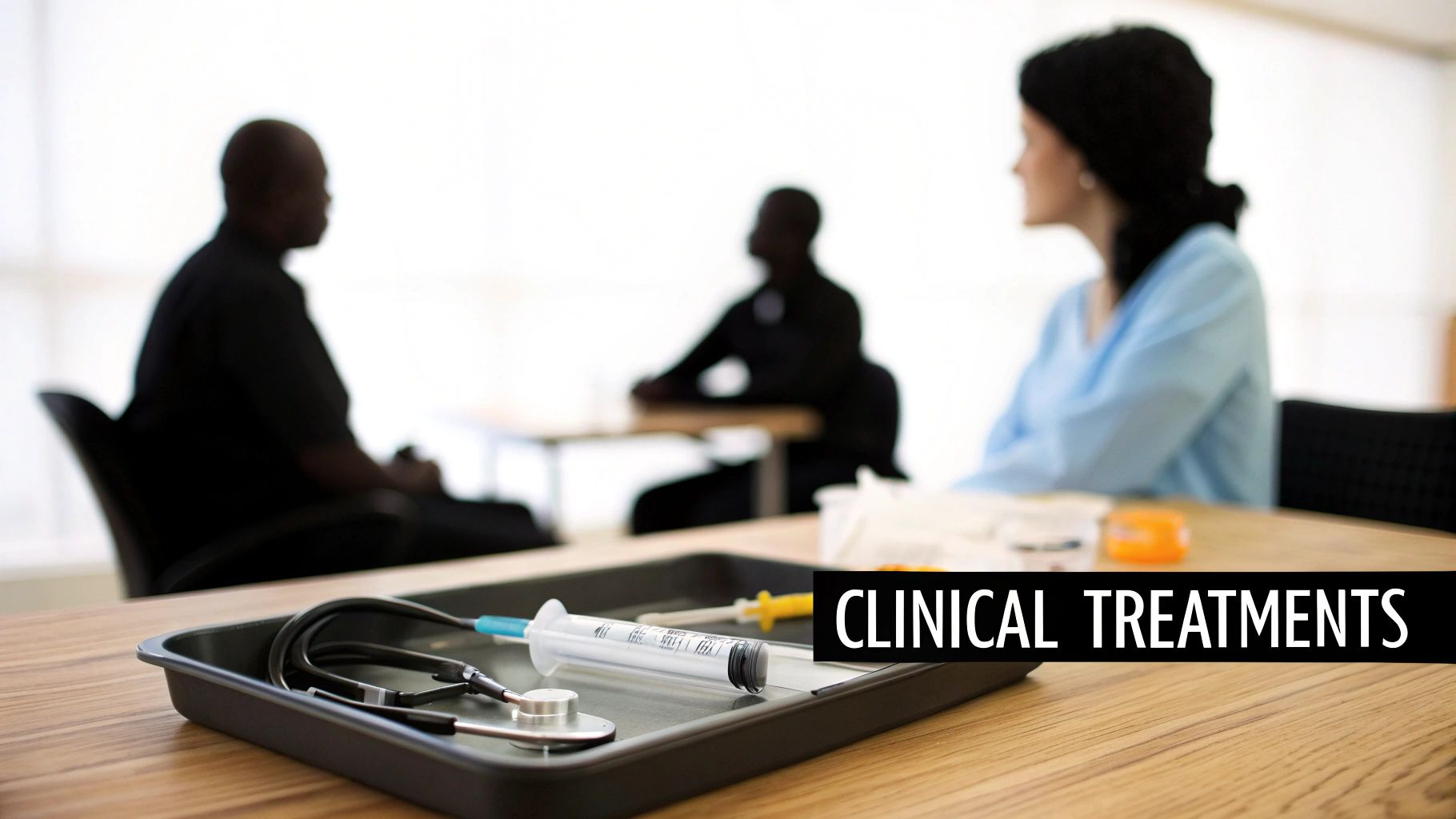 Stethoscope and syringe on a tray, with blurred doctors and patients in a clinical setting.