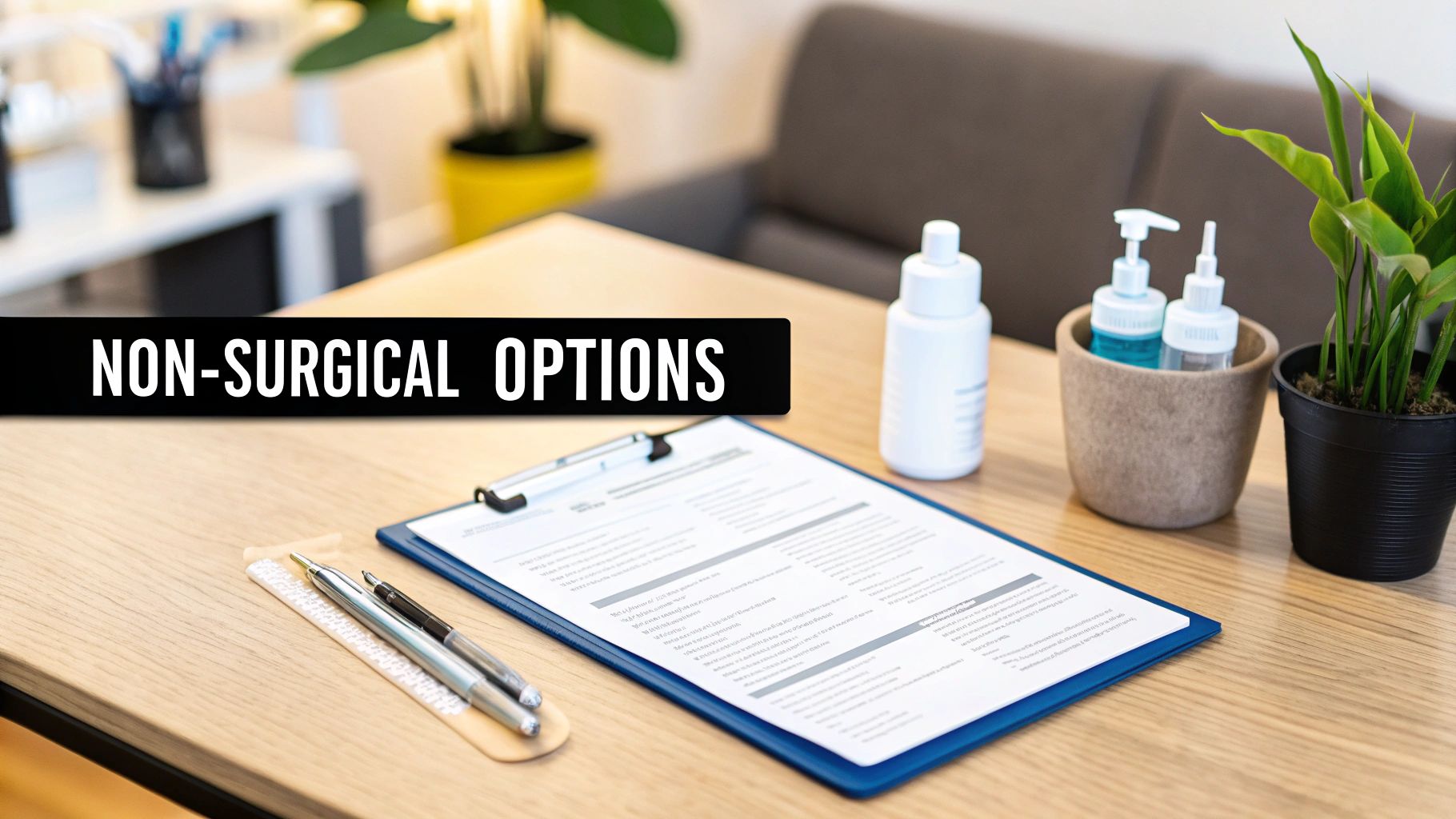 A healthcare desk with a clipboard, pens, medical bottles, and a plant, displaying 'NON-SURGICAL OPTIONS'.