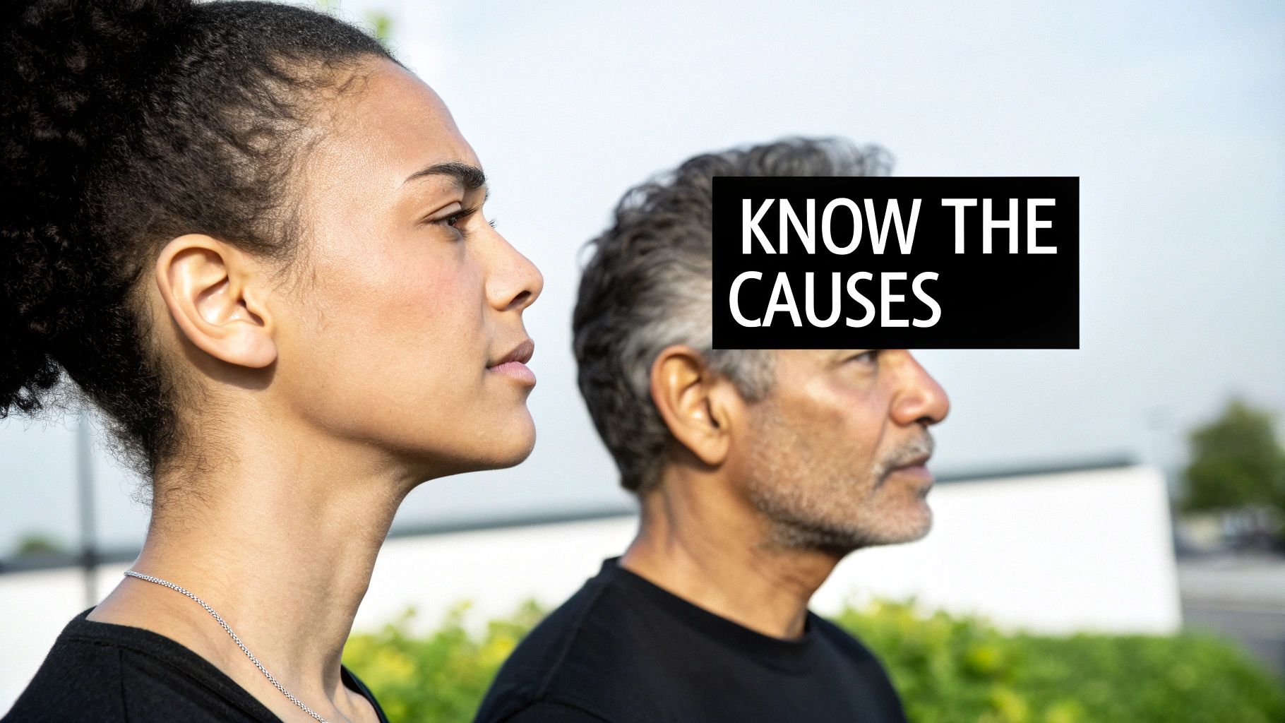 Side profile of a young woman and an older man with 'KNOW THE CAUSES' text overlay.
