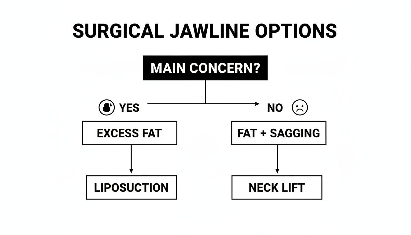Flowchart detailing surgical jawline options: liposuction for excess fat, neck lift for fat and sagging.