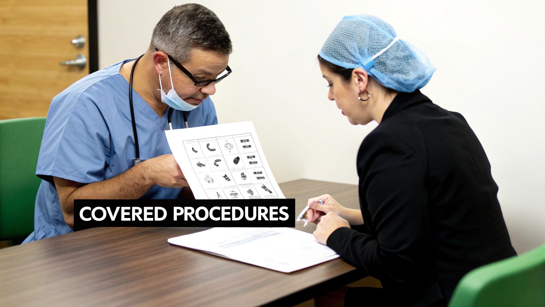 A doctor in scrubs and mask shows medical diagrams to a woman in a surgical cap, discussing covered procedures.