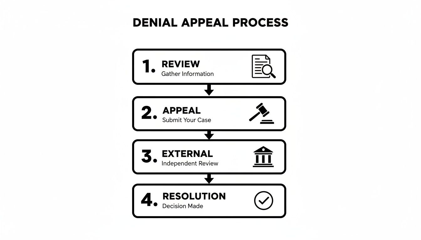 A clear flowchart illustrating the four-step denial appeal process, from review to resolution.