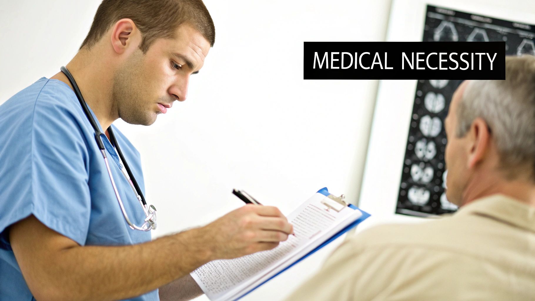 A doctor in blue scrubs writes on a clipboard while consulting a male patient, with "MEDICAL NECESSITY" text overlay.