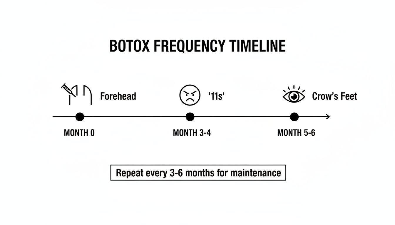 Botox frequency timeline illustrating treatment areas and recommended intervals for forehead, '11s', and crow's feet, with maintenance schedule.