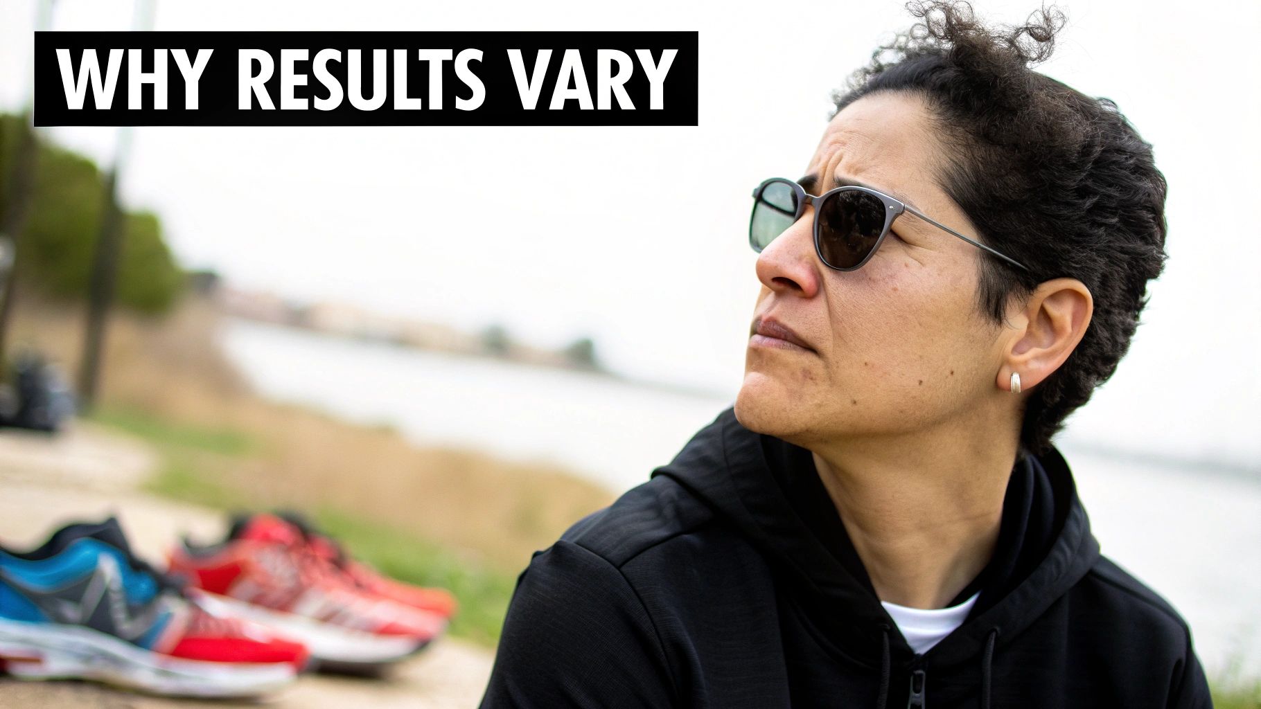 A person wearing sunglasses and a black hoodie looks up, with blurred running shoes nearby.