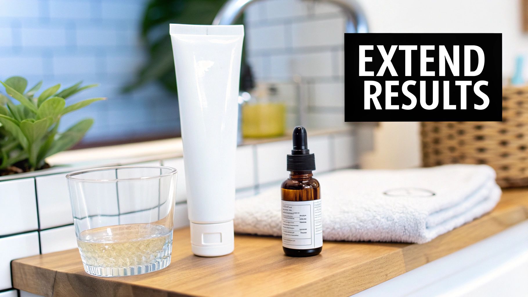 Skincare products, including a white tube and dropper bottle, on a wooden shelf in a bathroom with text 'EXTEND RESULTS'.