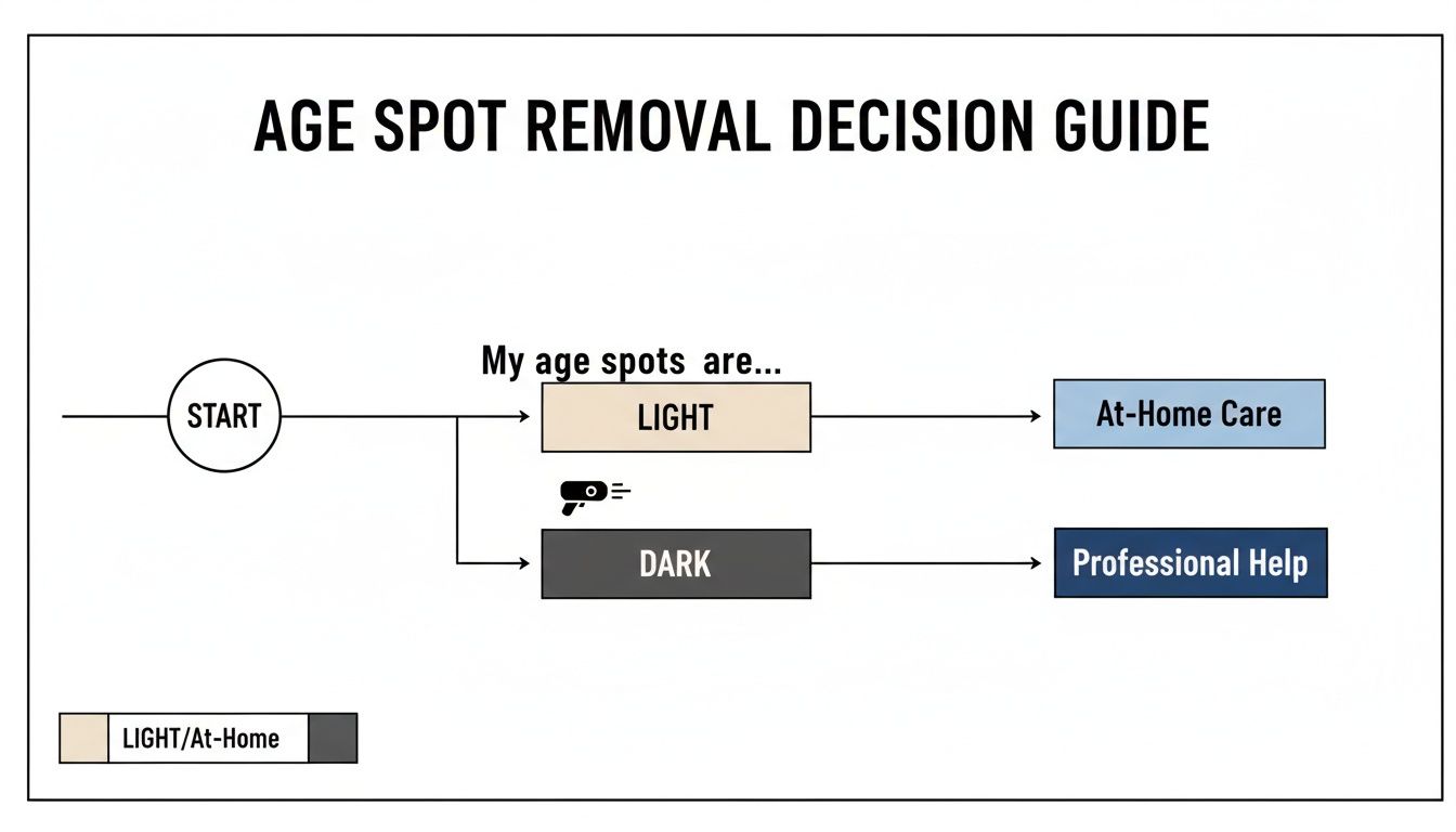 Decision guide flowchart for age spot removal, recommending at-home care for light spots and professional help for dark spots.