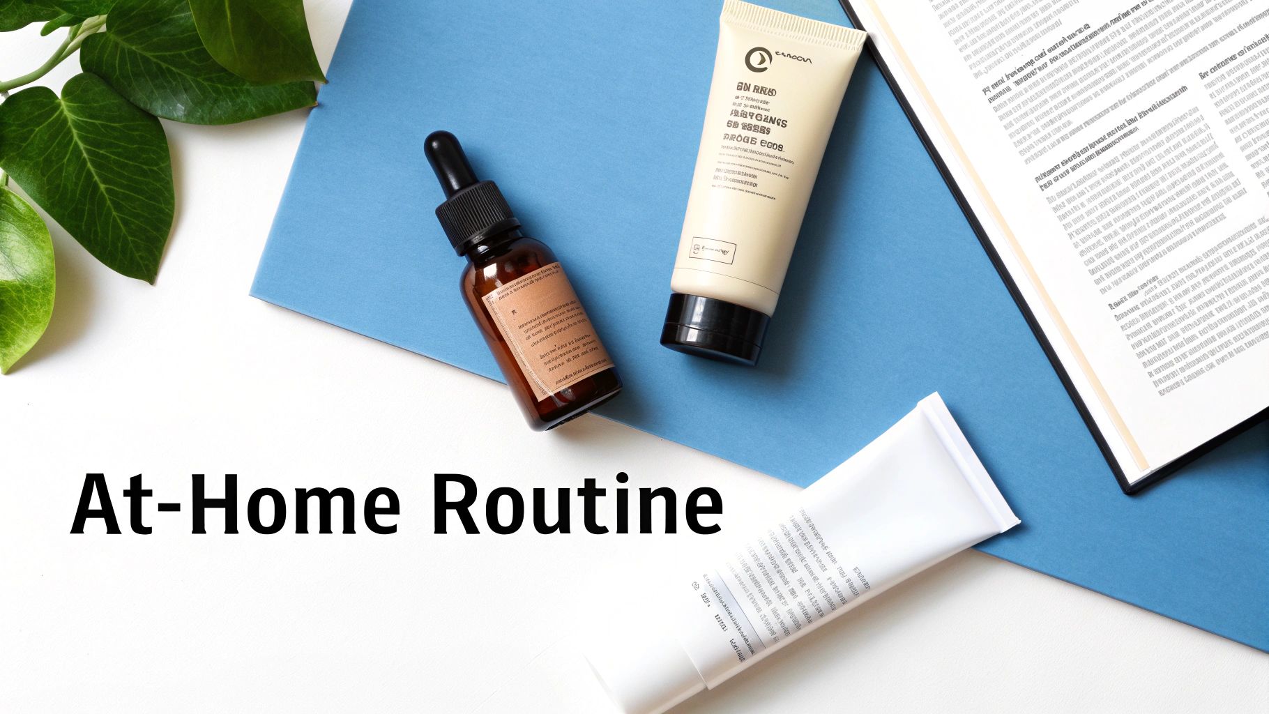 A flat lay image displaying skincare products, a plant, and a book, featuring the text 'At-Home Routine'.