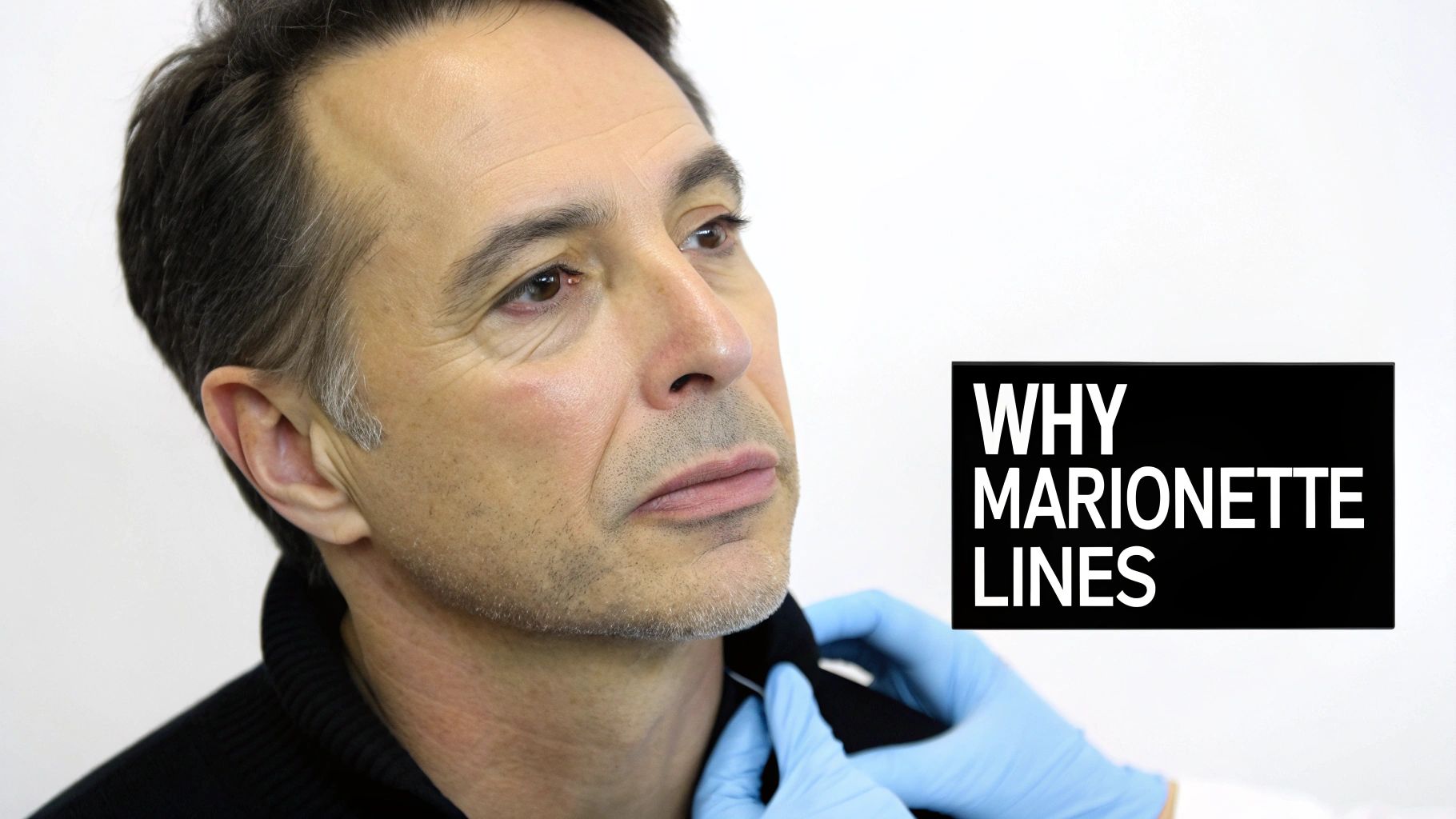 Close-up of a man's face, a gloved hand near his jaw, with 'WHY MARIONETTE LINES' text.