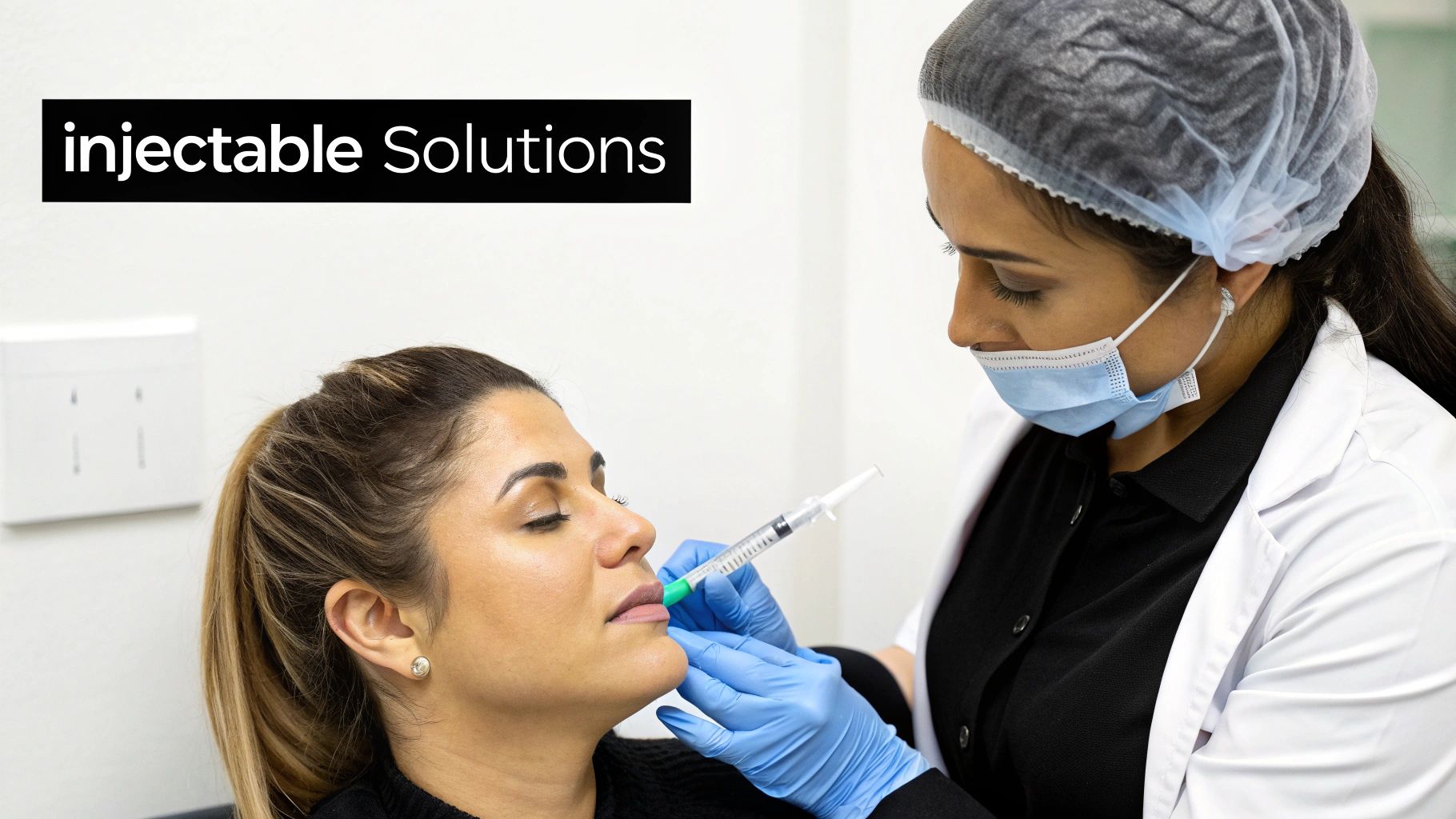 A medical professional administers a lip injection to a female patient, with 'injectable Solutions' text.