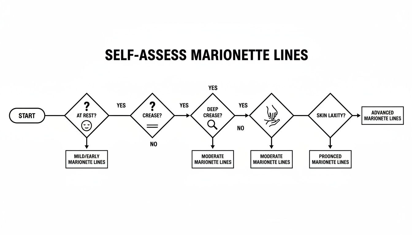 A flowchart detailing a self-assessment process for determining the severity of marionette lines.