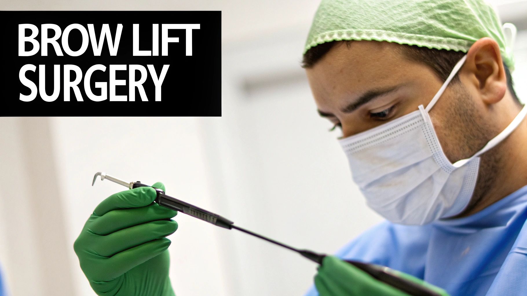 A surgeon in green cap, mask, and gloves holds a medical instrument for brow lift surgery.