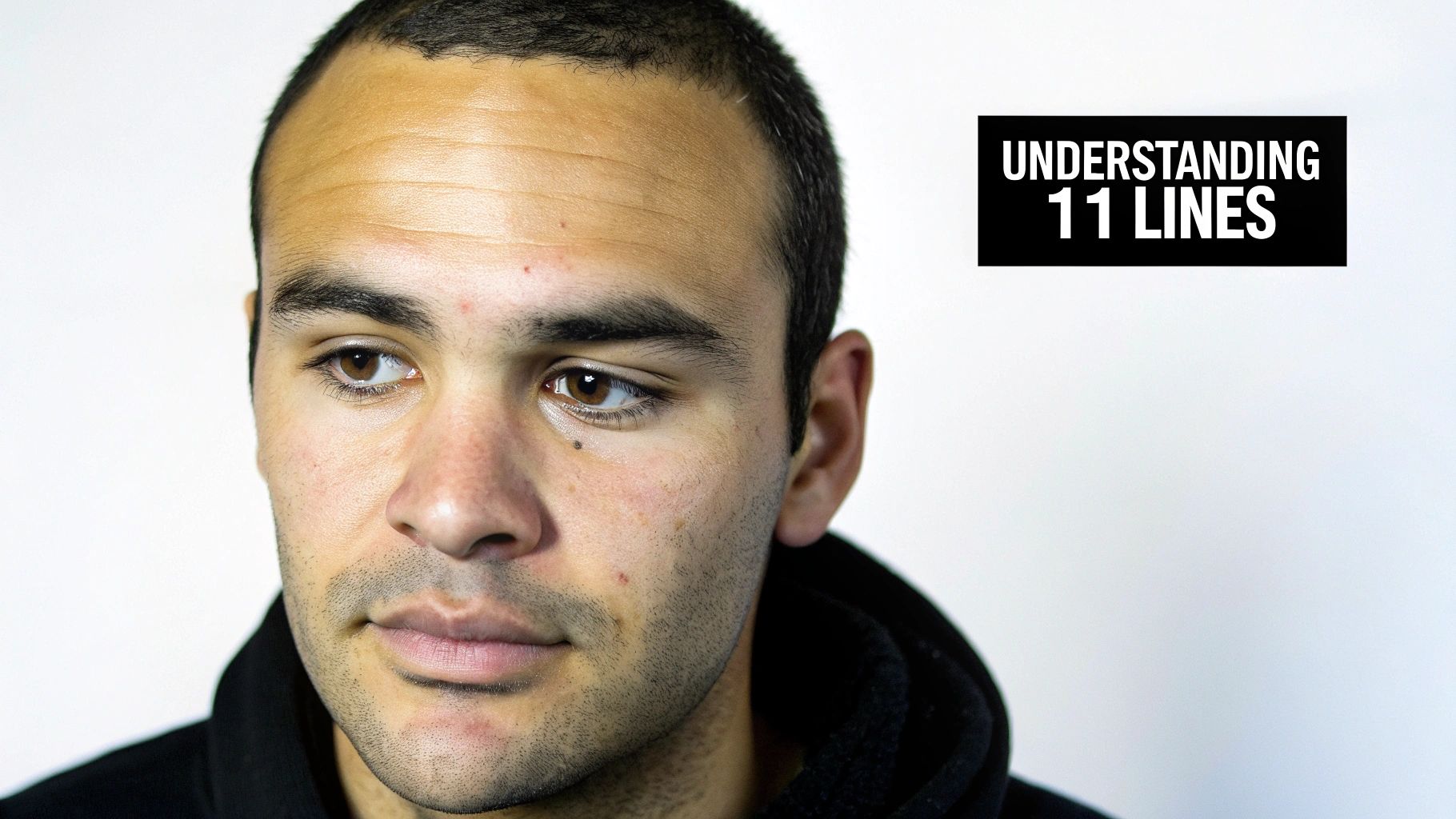 Close-up of a man's face showing prominent forehead lines, next to text 'UNDERSTANDING 11 LINES'.