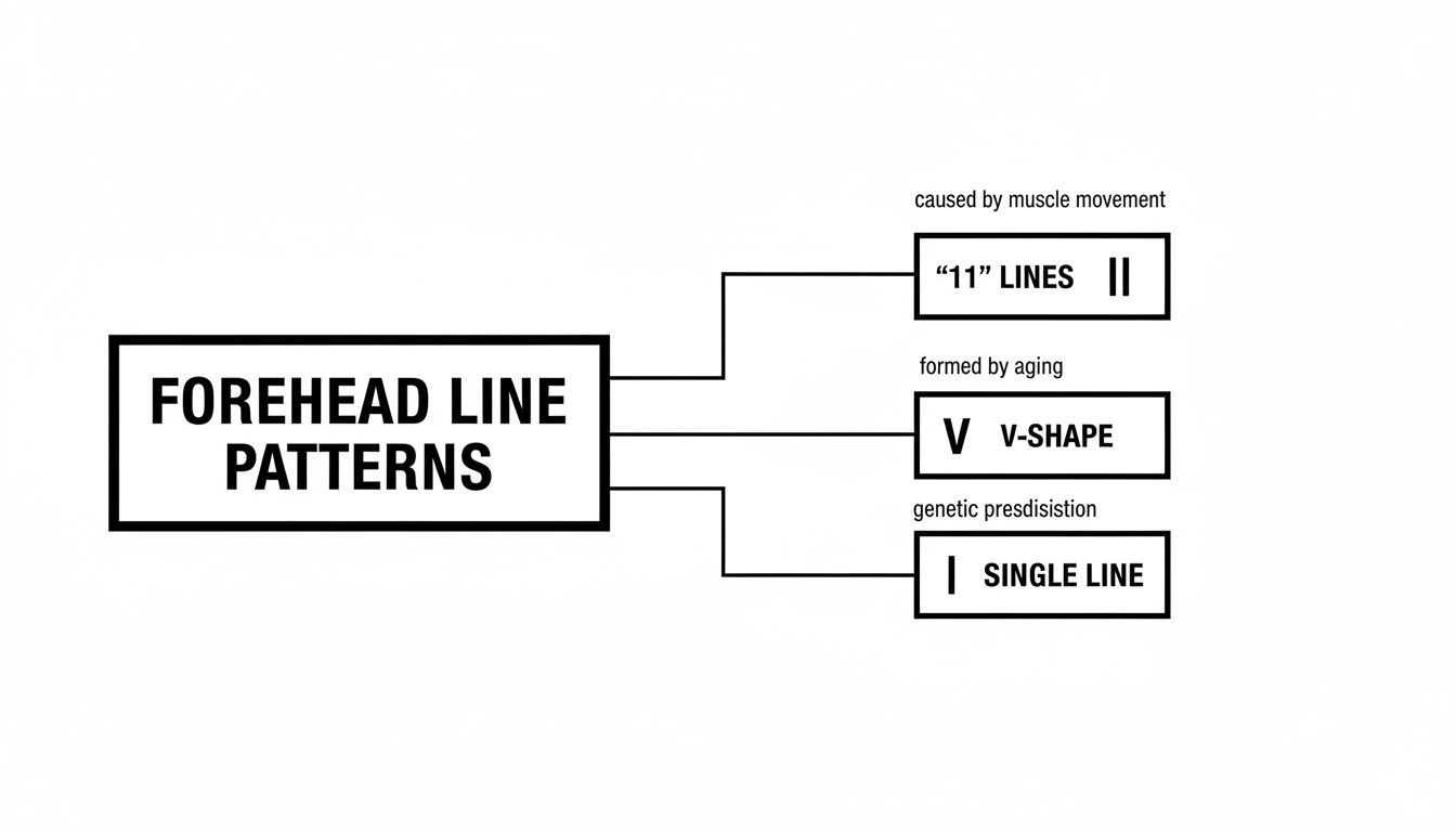 Diagram illustrating forehead line patterns: '11' lines from muscle, V-shape from aging, and single line from genetics.