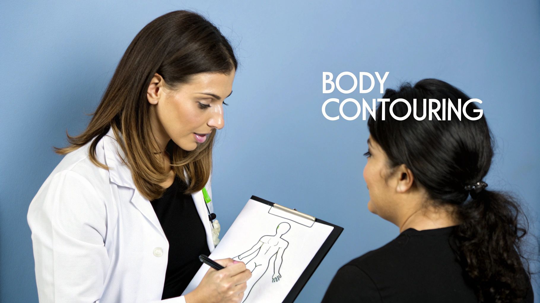 A doctor in a white coat explains body contouring procedures to a patient, using a diagram.