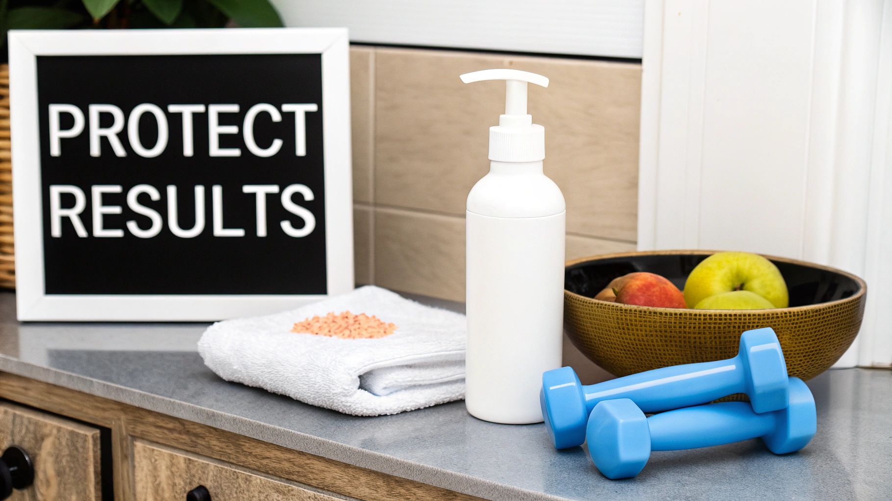 A wellness setup featuring dumbbells, fruit, a soap bottle, and a sign saying 'PROTECT RESULTS'.