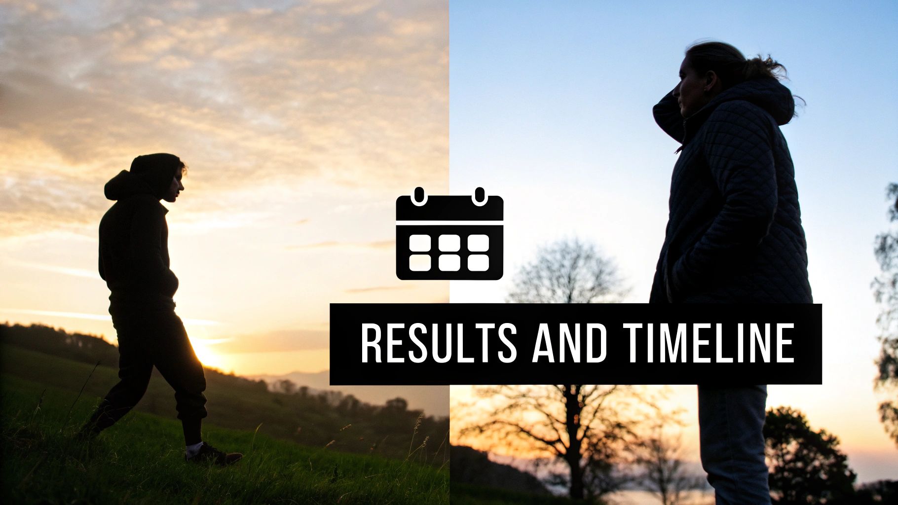 Two silhouetted people on hillsides, divided by a calendar icon and 'Results and Timeline' text.