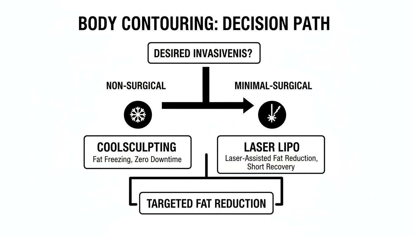 Flowchart outlining body contouring decision path for targeted fat reduction, comparing CoolSculpting and Laser Lipo.