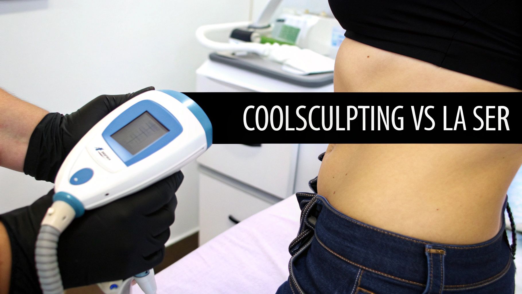 A person's midsection with a gloved hand holding a treatment device for body sculpting.
