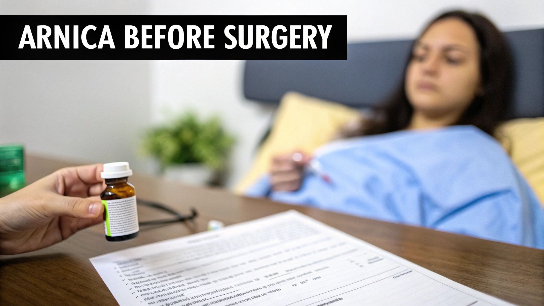 A person's hand holds a small arnica medicine bottle with a patient in a hospital gown behind.