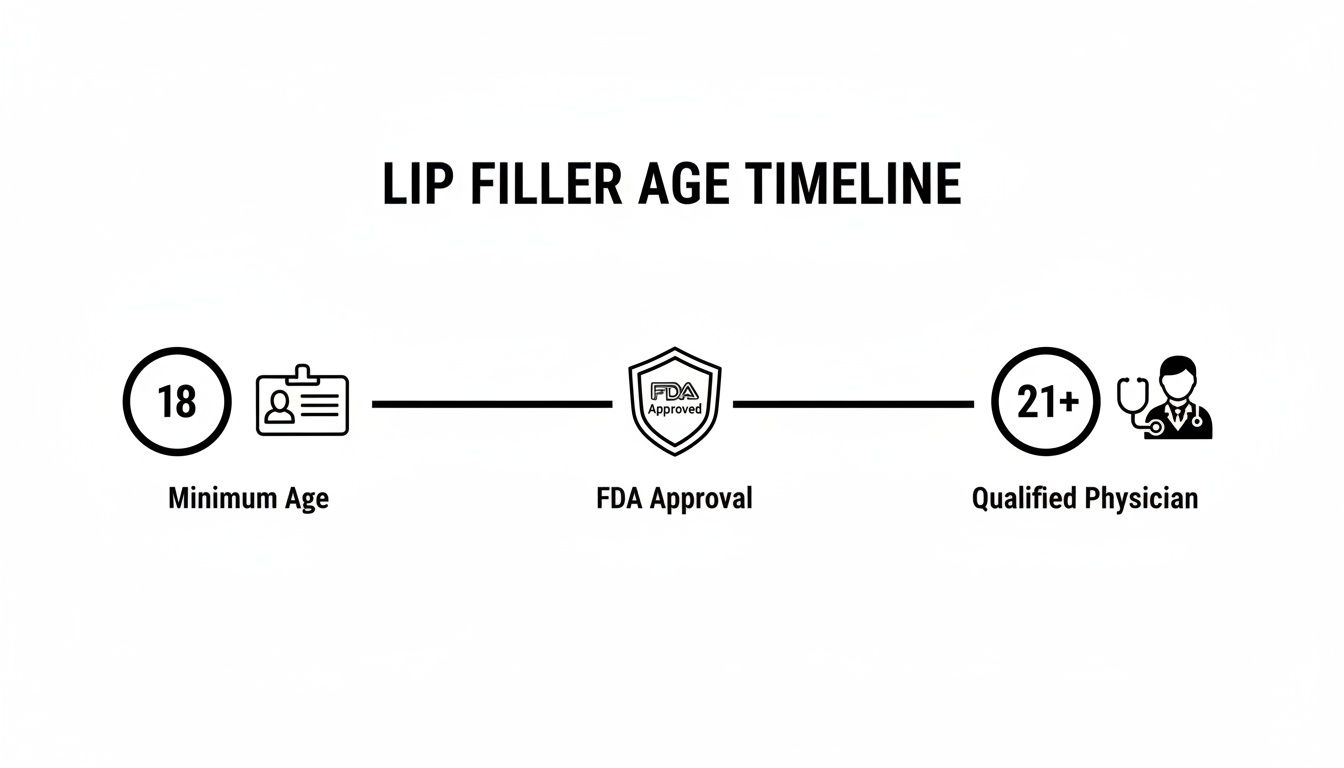 A visual timeline detailing the minimum age, FDA approval, and physician requirements for lip fillers.