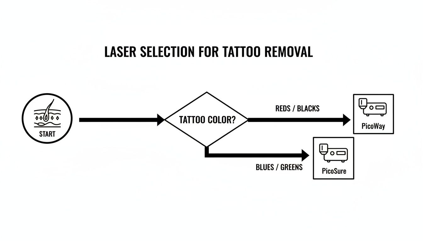 Flowchart showing laser selection for tattoo removal: PicoWay for red/black, PicoSure for blue/green tattoos.