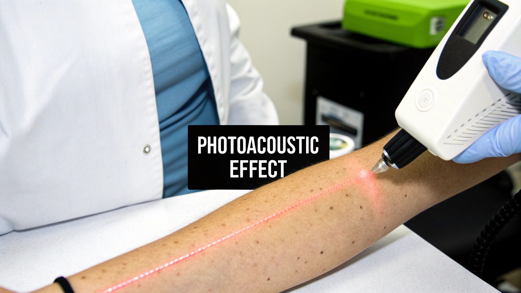 Close-up of a medical professional applying a laser device to a patient's forearm, highlighting the photoacoustic effect.