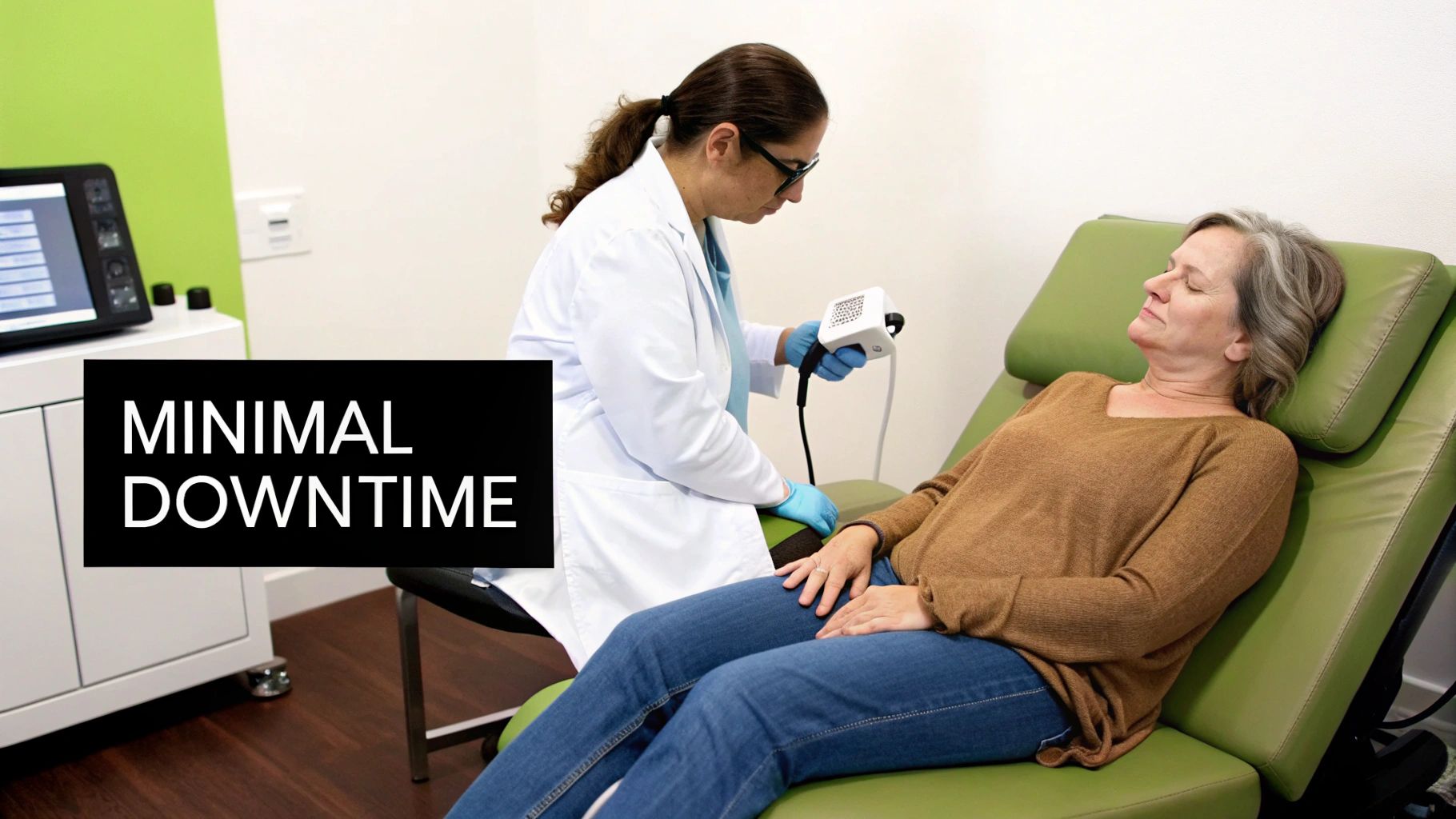 A doctor uses a handheld device on a patient relaxing on a green examination chair, with 'MINIMAL DOWNTIME' text.