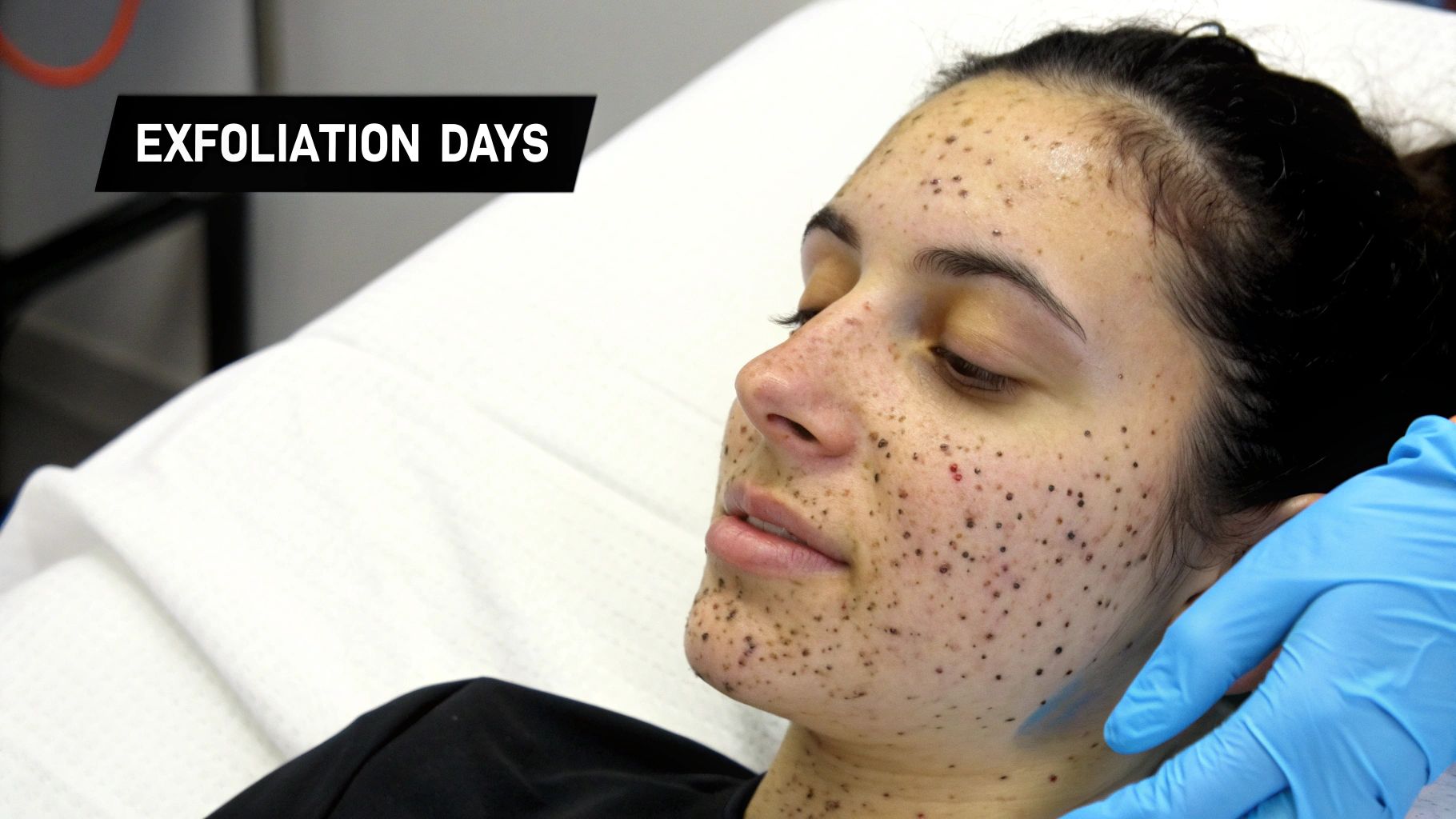 A person's face covered in small dark dots after a skin exfoliation or laser treatment, with a gloved hand.