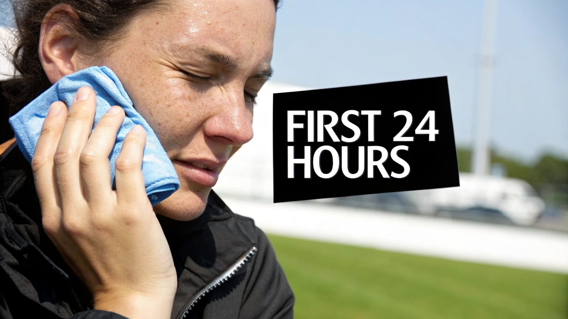 A person with a blue towel on their face, looking uncomfortable, possibly post-treatment, with a text overlay "FIRST 24 HOURS".