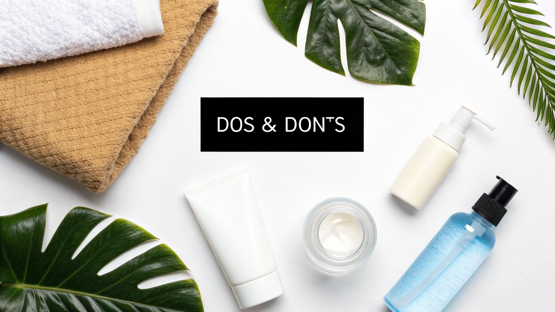 Flat lay of various skincare products, towels, and green leaves on a white background with a 'DOS & DON'TS' banner.