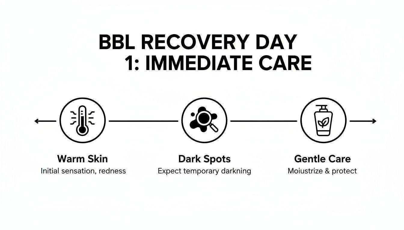 BBL Recovery Day 1: Immediate Care timeline with icons for warm skin, dark spots, and gentle care.