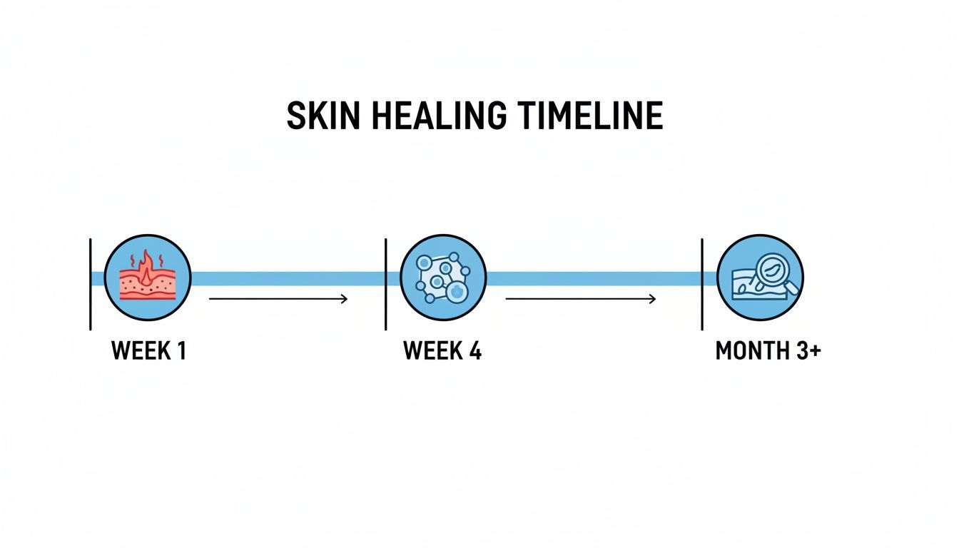 Infographic illustrating the skin healing timeline from inflammation (week 1) to regeneration (week 4) and long-term recovery (month 3+).