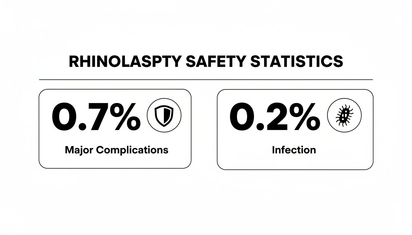 Rhinoplasty safety statistics showing 0.7% major complications and 0.2% infection rate.