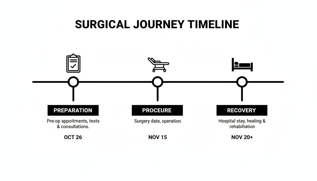 A surgical journey timeline illustrating preparation, procedure, and recovery phases with dates and details.