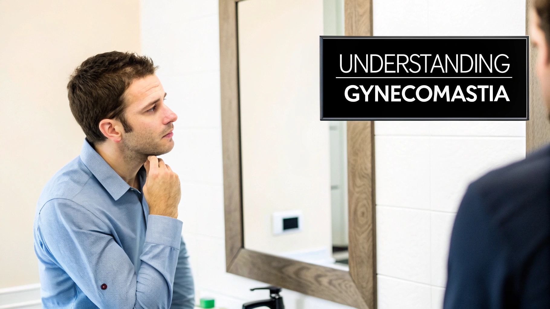 A man thoughtfully looking at his reflection in a bathroom mirror about gynecomastia.