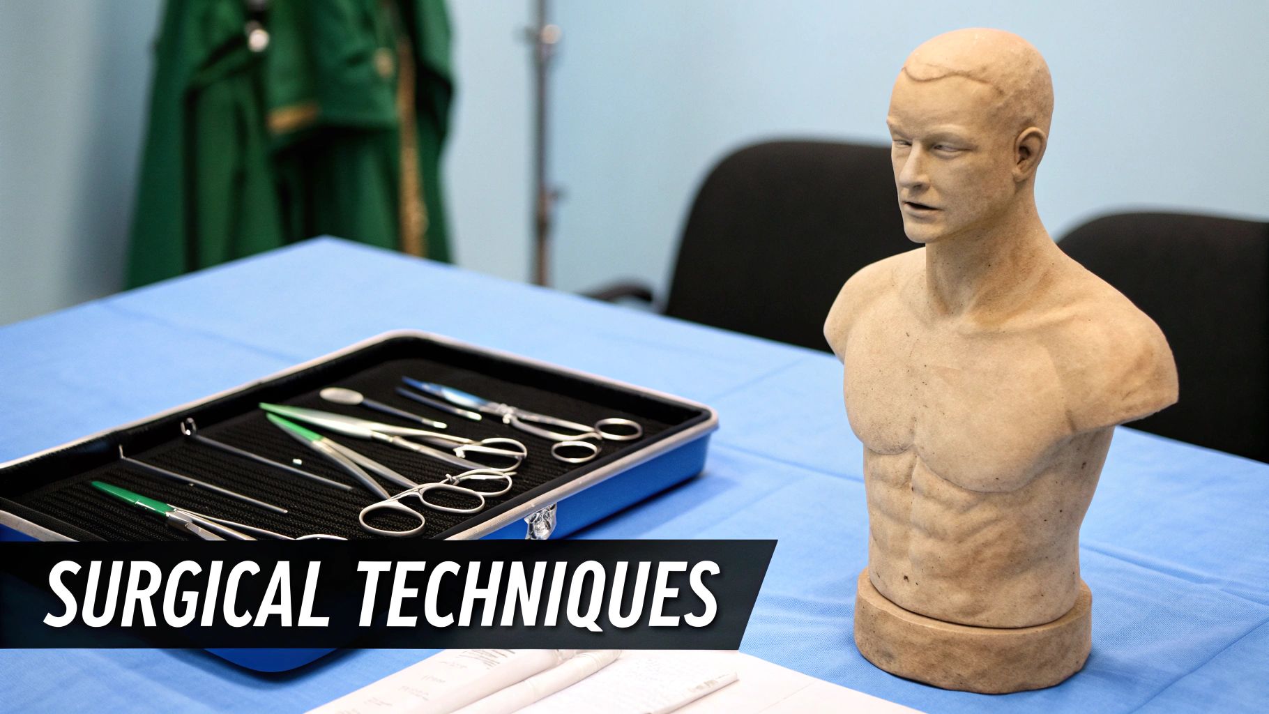 A human torso model and surgical instruments in a tray on a blue draped table, labeled 'SURGICAL TECHNIQUES'.