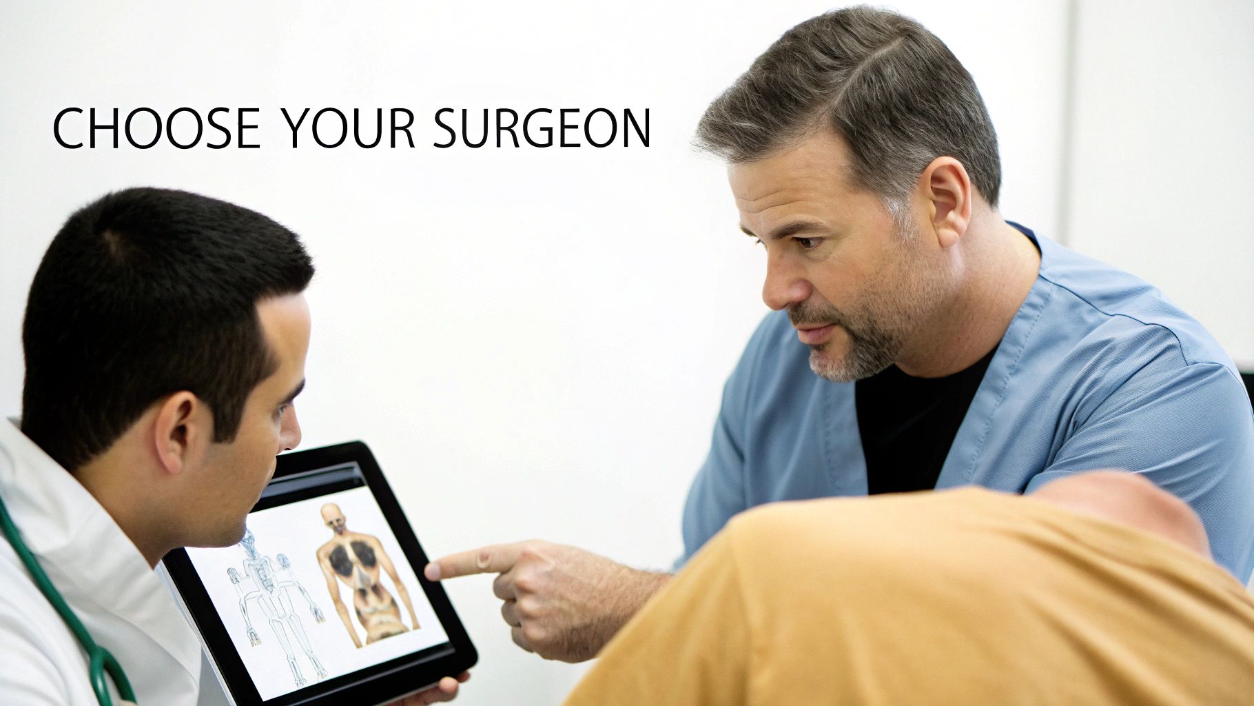 Two doctors review anatomical diagrams on a tablet, one pointing, with 'CHOOSE YOUR SURGEON' displayed.