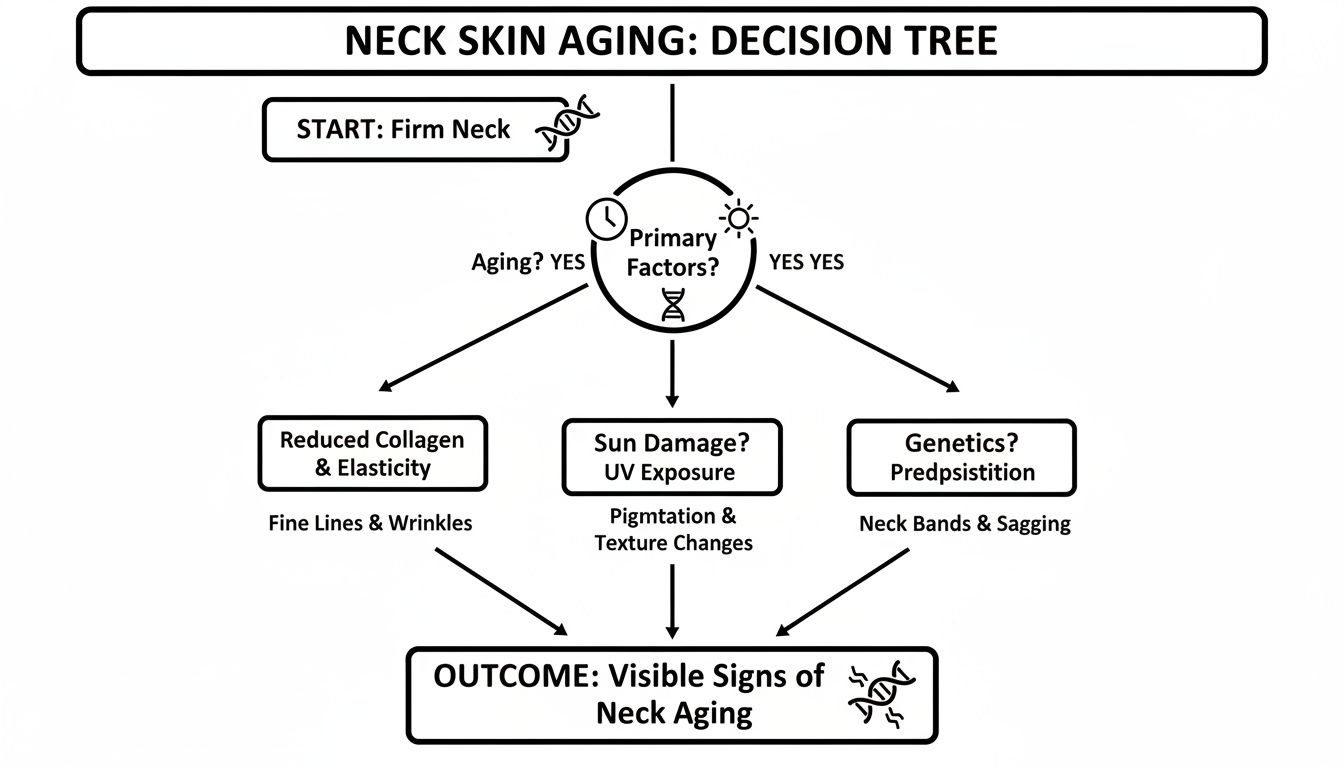 Decision tree illustrating the primary factors and causes of neck skin aging.