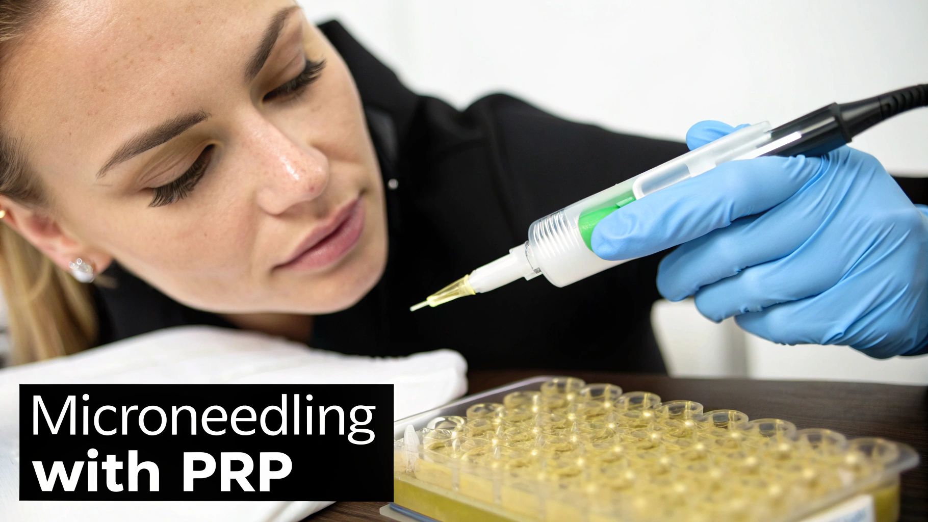 Close-up of a person during a microneedling with PRP session, showing a hand holding the device and PRP vials.