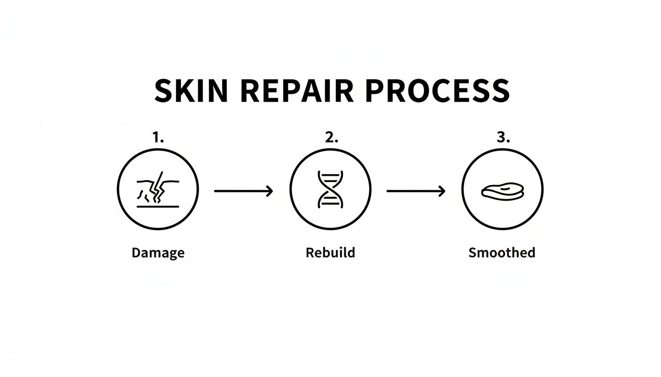 A three-step diagram illustrating the skin repair process: damage, rebuild, and smoothed skin.