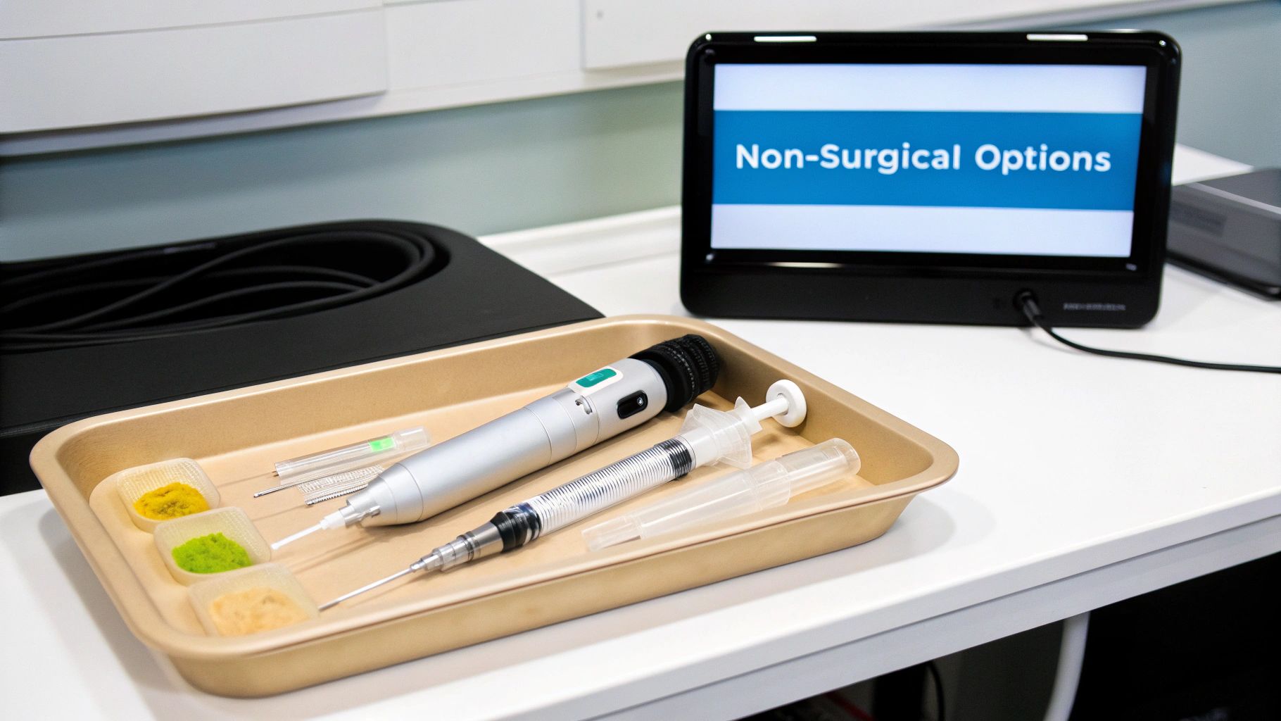 A medical tray containing non-surgical cosmetic tools, syringes, and colorful products, with a display screen.