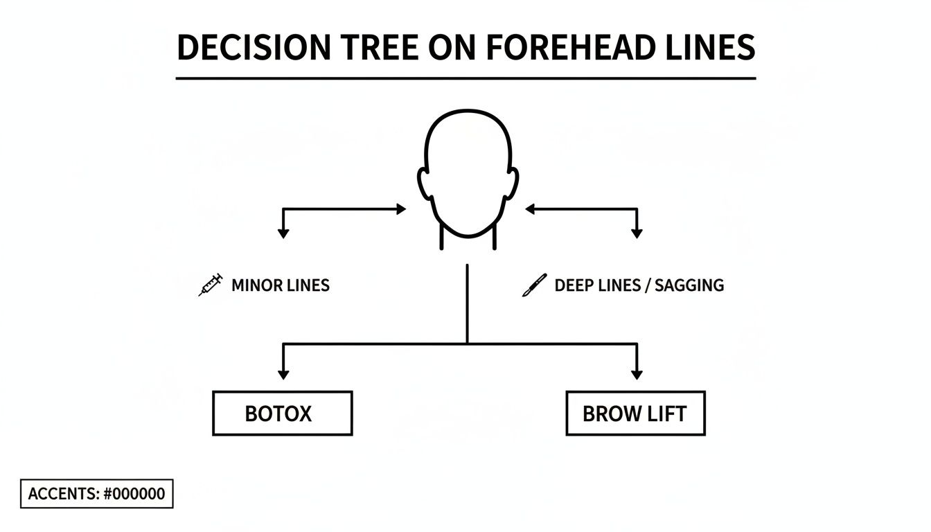 Decision tree flowchart illustrating treatment options for forehead lines: minor lines suggest Botox, while deep lines or sagging recommend a brow lift.